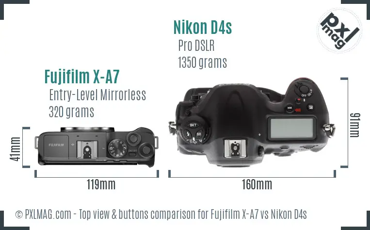 Fujifilm X-A7 vs Nikon D4s top view buttons comparison