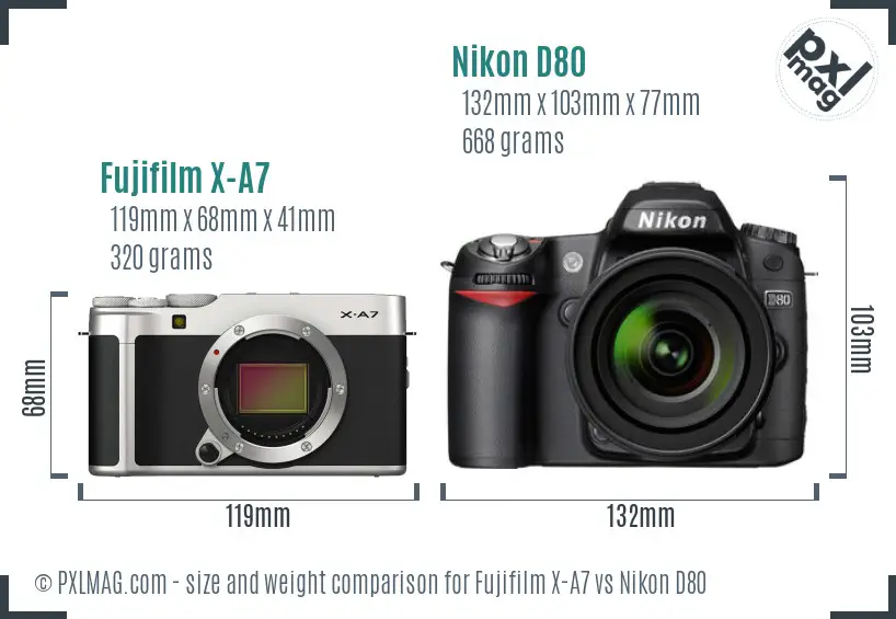 Fujifilm X-A7 vs Nikon D80 size comparison