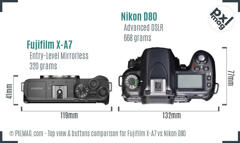 Fujifilm X-A7 vs Nikon D80 top view buttons comparison