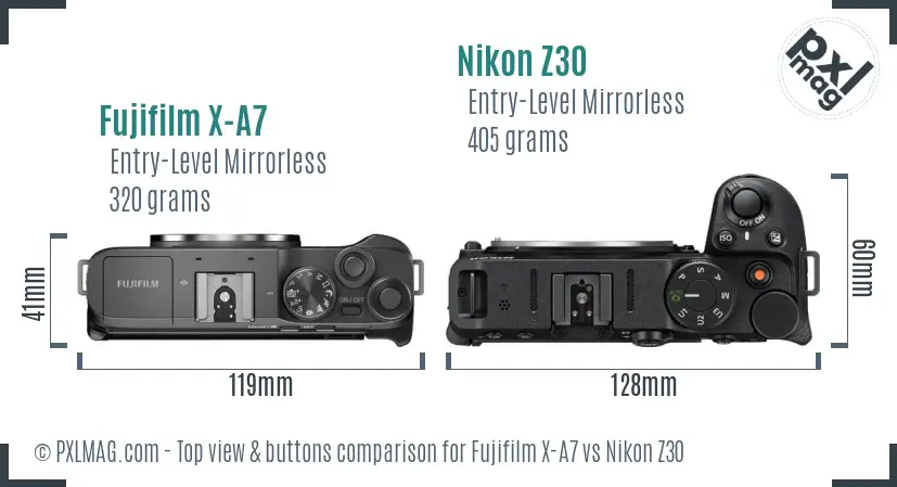 Fujifilm X-A7 vs Nikon Z30 top view buttons comparison Fujifilm X-A7 vs Nikon Z30 top view buttons comparison
