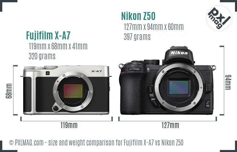 Fujifilm X-A7 vs Nikon Z50 size comparison Fujifilm X-A7 vs Nikon Z50 size comparison