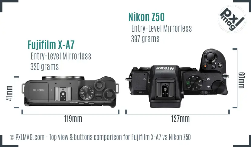 Fujifilm X-A7 vs Nikon Z50 top view buttons comparison Fujifilm X-A7 vs Nikon Z50 top view buttons comparison