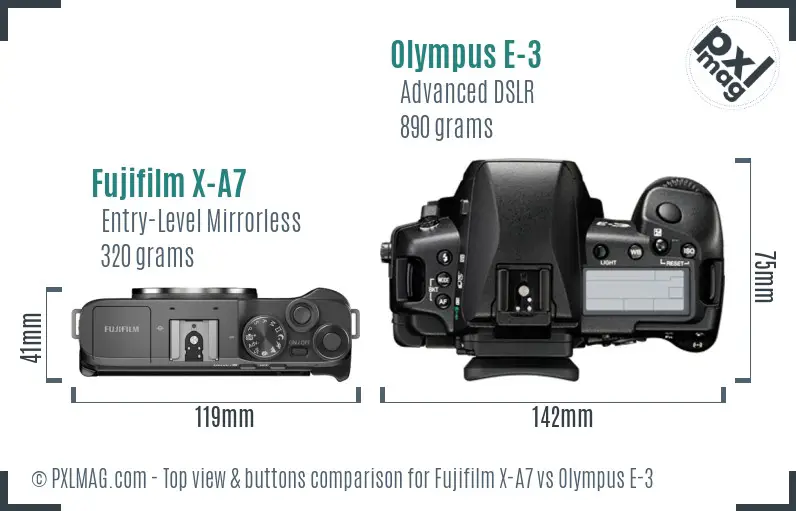 Fujifilm X-A7 vs Olympus E-3 top view buttons comparison