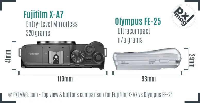 Fujifilm X-A7 vs Olympus FE-25 top view buttons comparison