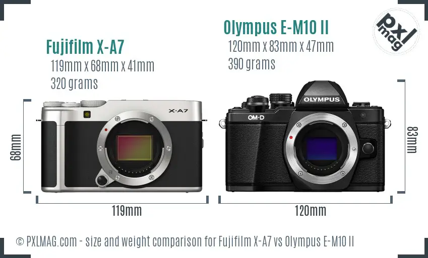 Fujifilm X-A7 vs Olympus E-M10 II size comparison