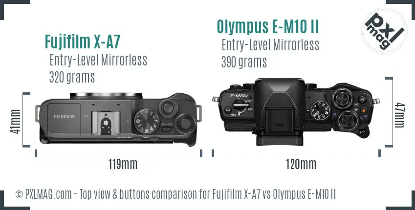 Fujifilm X-A7 vs Olympus E-M10 II top view buttons comparison