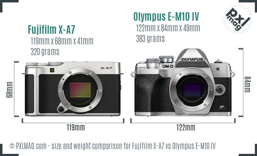 Fujifilm X-A7 vs Olympus E-M10 IV size comparison