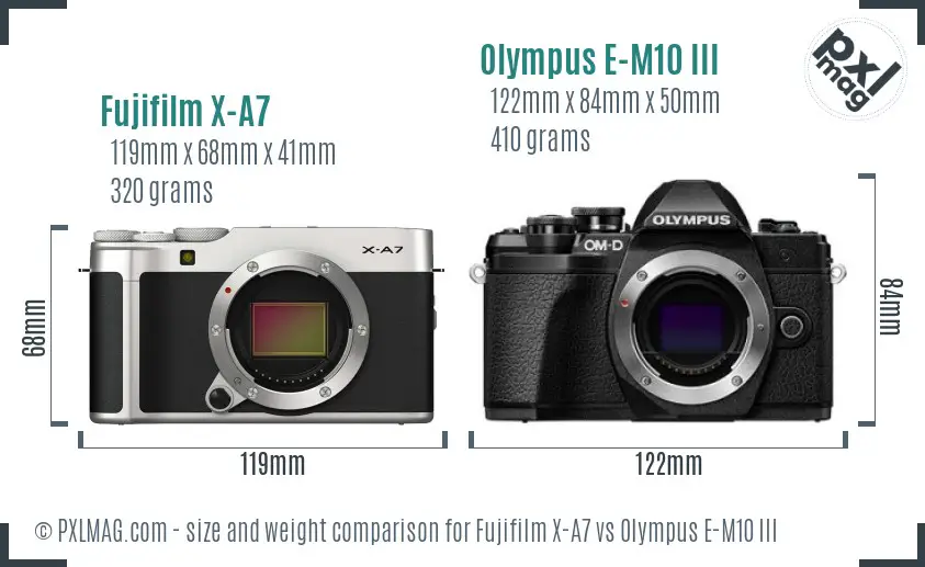 Fujifilm X-A7 vs Olympus E-M10 III size comparison