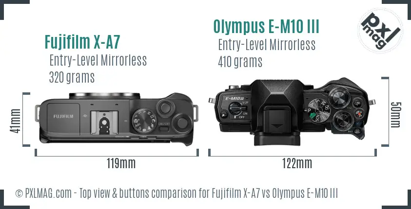 Fujifilm X-A7 vs Olympus E-M10 III top view buttons comparison