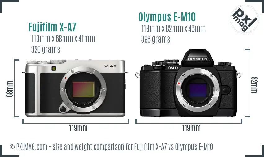 Fujifilm X-A7 vs Olympus E-M10 size comparison