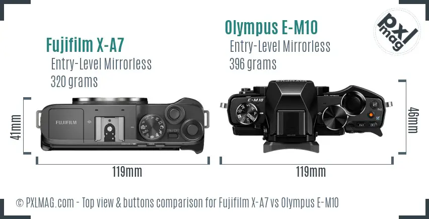 Fujifilm X-A7 vs Olympus E-M10 top view buttons comparison