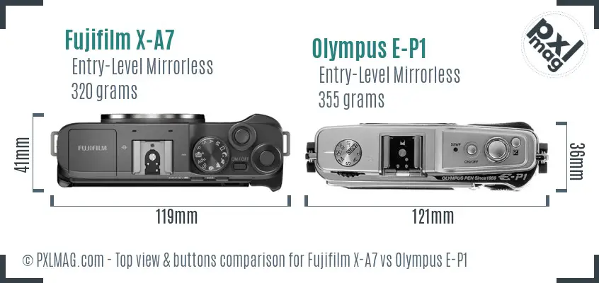 Fujifilm X-A7 vs Olympus E-P1 top view buttons comparison