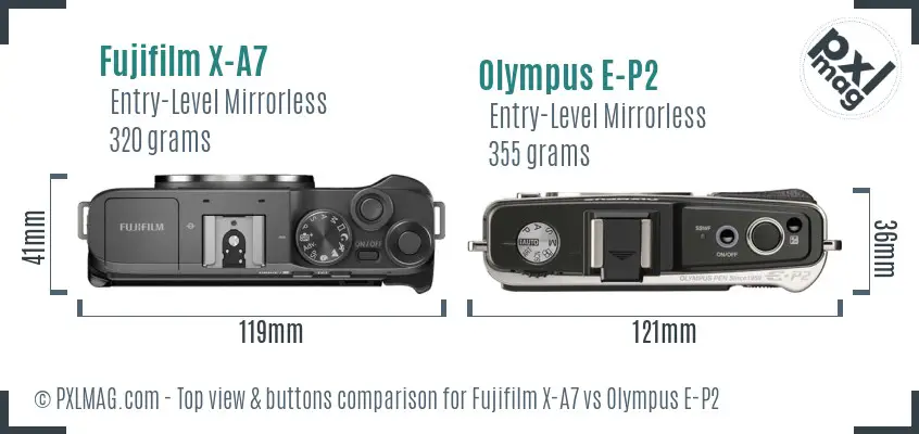 Fujifilm X-A7 vs Olympus E-P2 top view buttons comparison