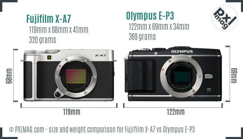 Fujifilm X-A7 vs Olympus E-P3 size comparison