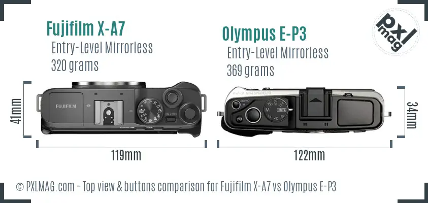 Fujifilm X-A7 vs Olympus E-P3 top view buttons comparison