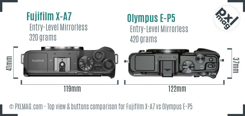 Fujifilm X-A7 vs Olympus E-P5 top view buttons comparison