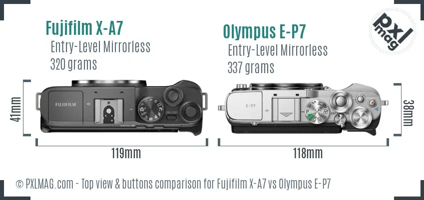 Fujifilm X-A7 vs Olympus E-P7 top view buttons comparison