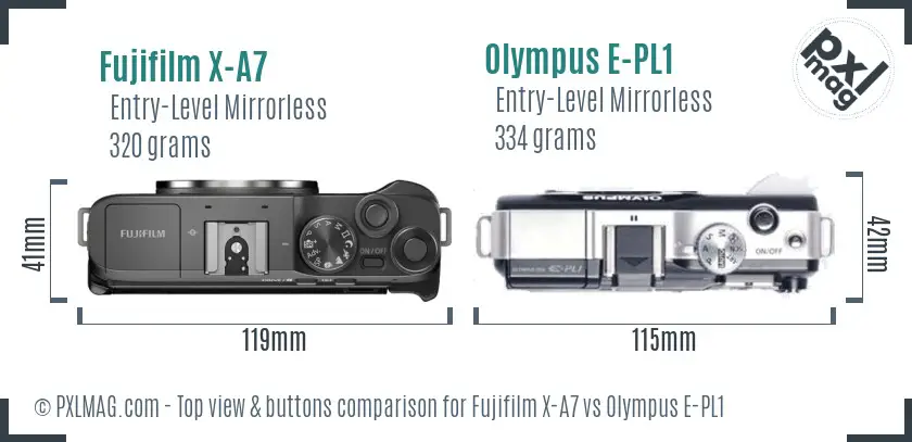 Fujifilm X-A7 vs Olympus E-PL1 top view buttons comparison
