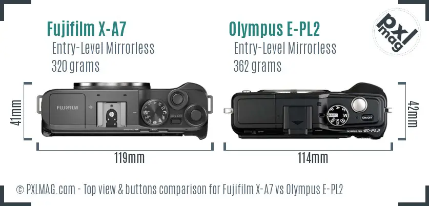 Fujifilm X-A7 vs Olympus E-PL2 top view buttons comparison