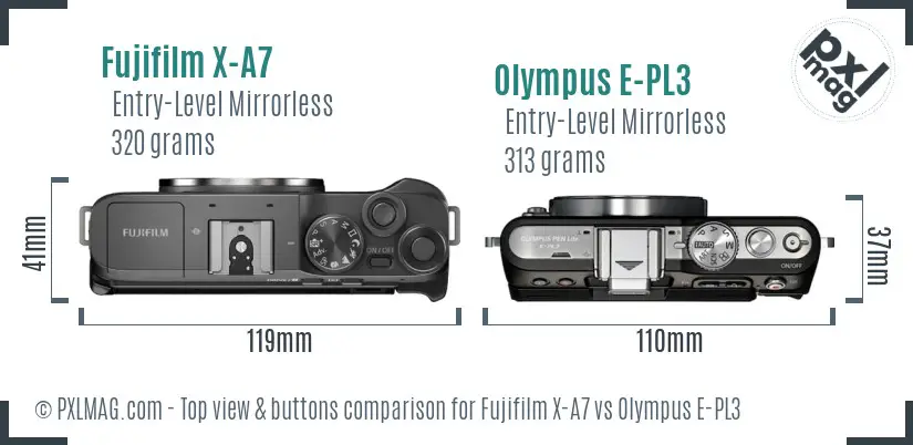 Fujifilm X-A7 vs Olympus E-PL3 top view buttons comparison