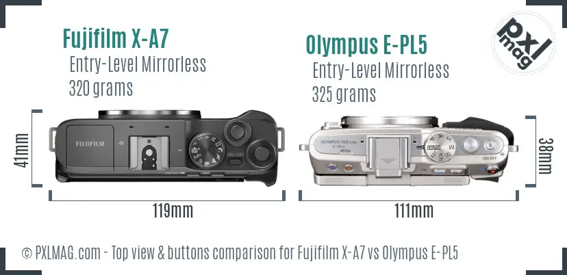 Fujifilm X-A7 vs Olympus E-PL5 top view buttons comparison
