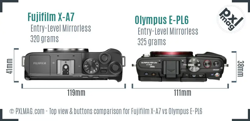 Fujifilm X-A7 vs Olympus E-PL6 top view buttons comparison