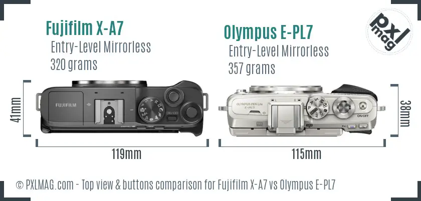 Fujifilm X-A7 vs Olympus E-PL7 top view buttons comparison