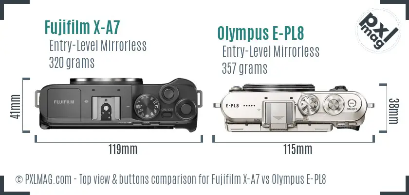 Fujifilm X-A7 vs Olympus E-PL8 top view buttons comparison