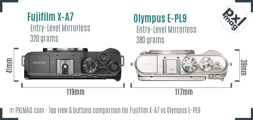 Fujifilm X-A7 vs Olympus E-PL9 top view buttons comparison