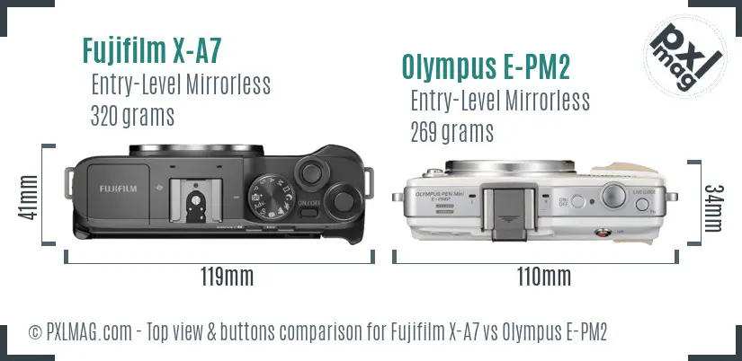 Fujifilm X-A7 vs Olympus E-PM2 top view buttons comparison