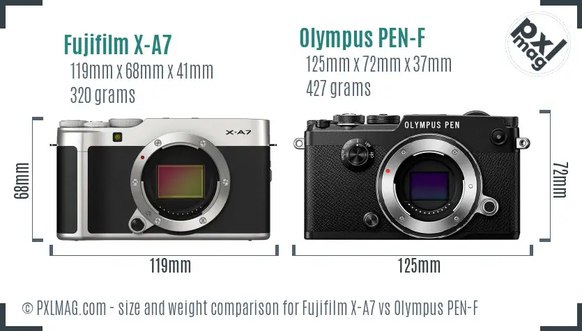Fujifilm X-A7 vs Olympus PEN-F size comparison