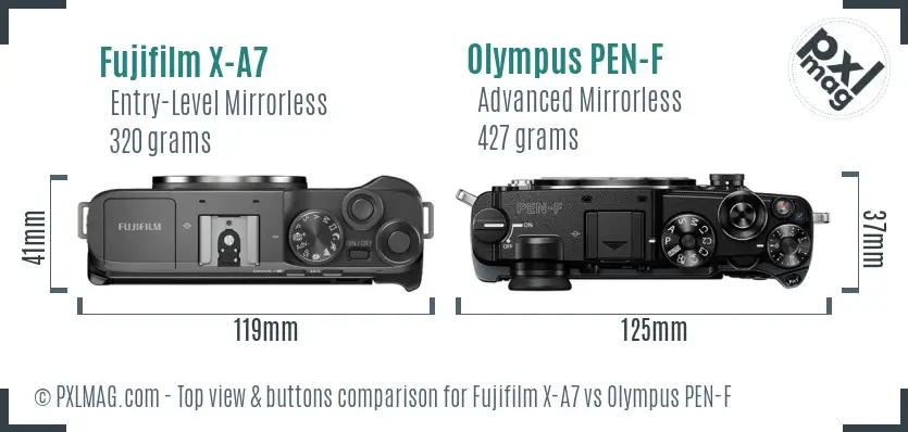 Fujifilm X-A7 vs Olympus PEN-F top view buttons comparison