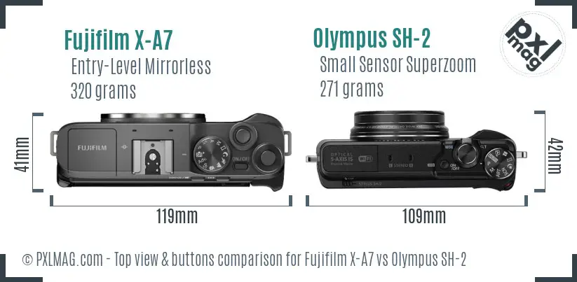 Fujifilm X-A7 vs Olympus SH-2 top view buttons comparison