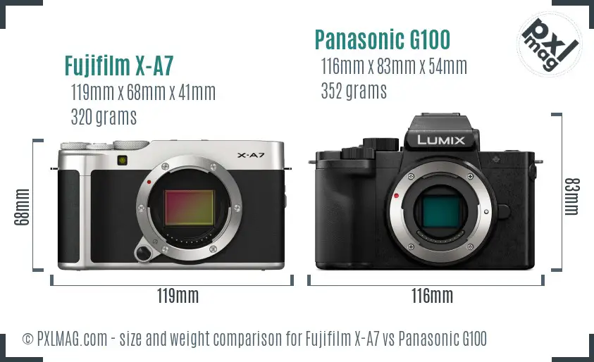 Fujifilm X-A7 vs Panasonic G100 size comparison
