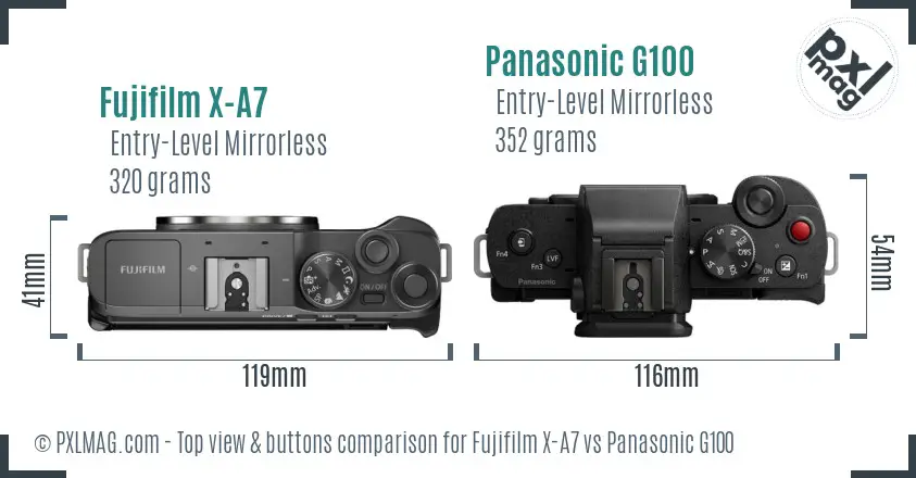 Fujifilm X-A7 vs Panasonic G100 top view buttons comparison