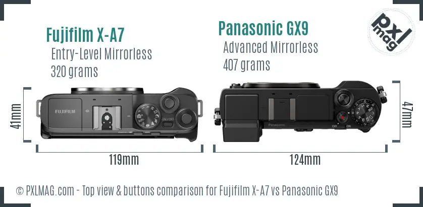 Fujifilm X-A7 vs Panasonic GX9 top view buttons comparison