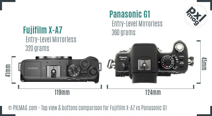 Fujifilm X-A7 vs Panasonic G1 top view buttons comparison