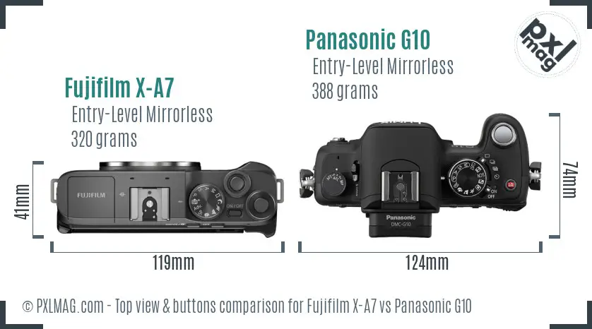 Fujifilm X-A7 vs Panasonic G10 top view buttons comparison