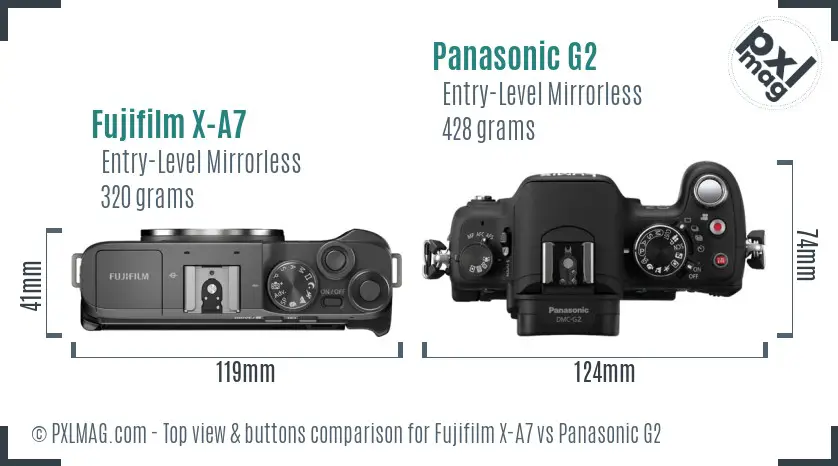 Fujifilm X-A7 vs Panasonic G2 top view buttons comparison