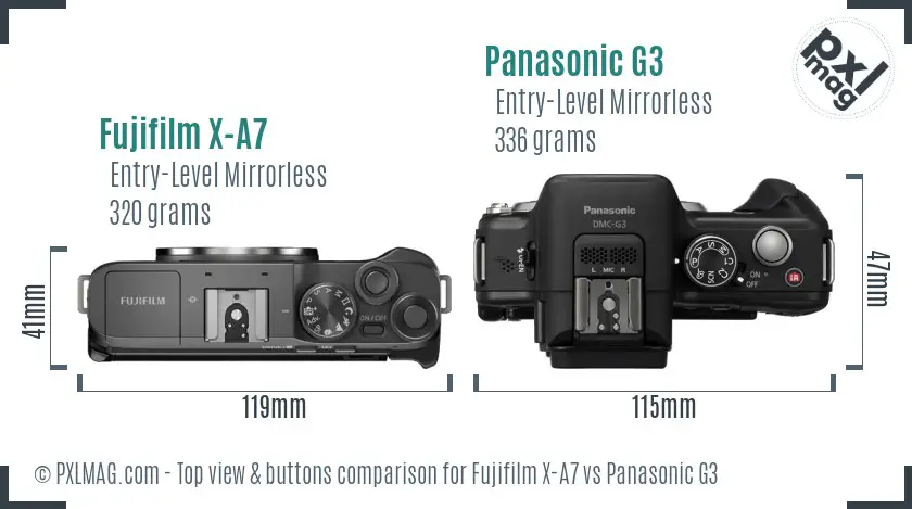 Fujifilm X-A7 vs Panasonic G3 top view buttons comparison