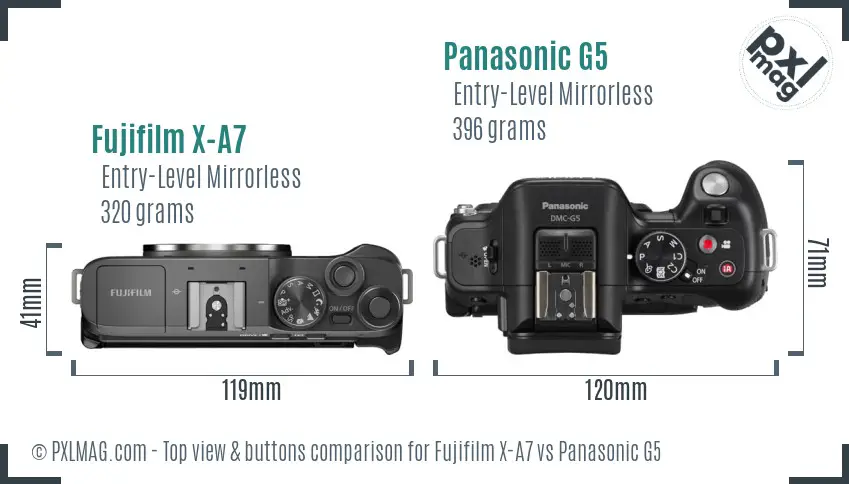 Fujifilm X-A7 vs Panasonic G5 top view buttons comparison Fujifilm X-A7 vs Panasonic G5 top view buttons comparison