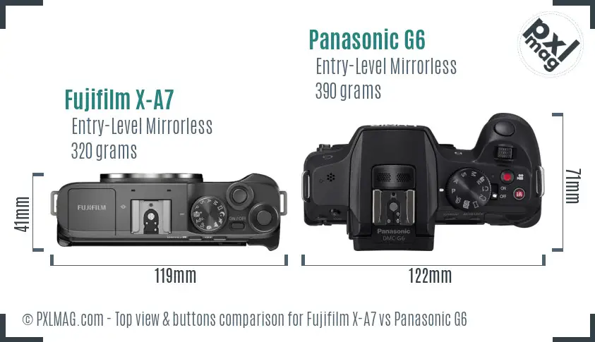 Fujifilm X-A7 vs Panasonic G6 top view buttons comparison