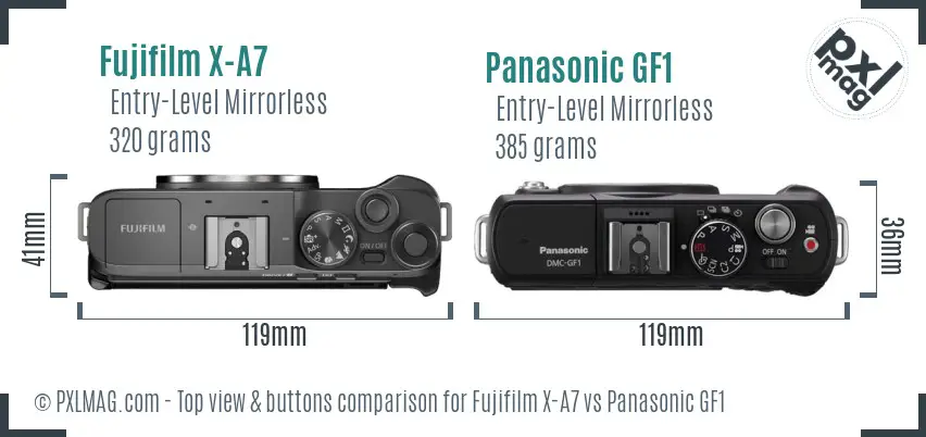 Fujifilm X-A7 vs Panasonic GF1 top view buttons comparison