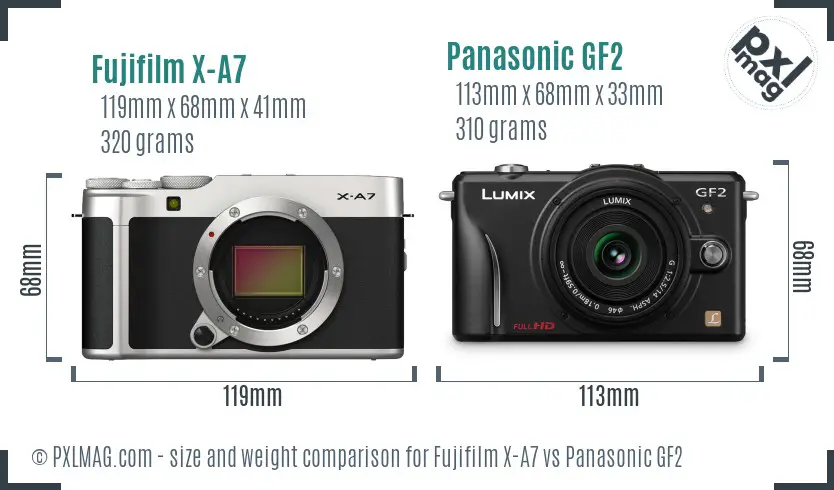 Fujifilm X-A7 vs Panasonic GF2 size comparison