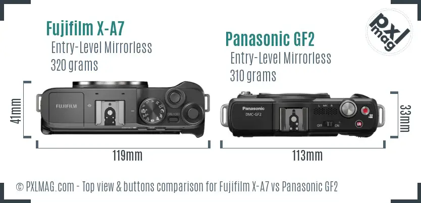 Fujifilm X-A7 vs Panasonic GF2 top view buttons comparison