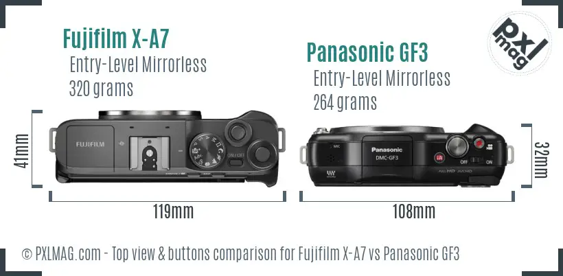 Fujifilm X-A7 vs Panasonic GF3 top view buttons comparison