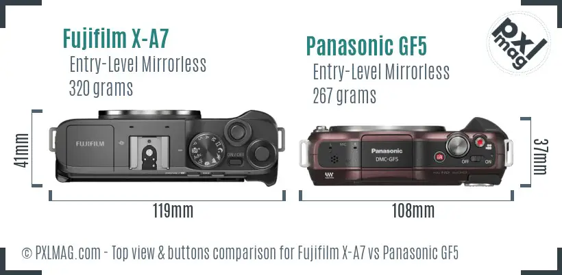Fujifilm X-A7 vs Panasonic GF5 top view buttons comparison