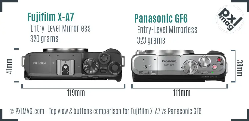 Fujifilm X-A7 vs Panasonic GF6 top view buttons comparison