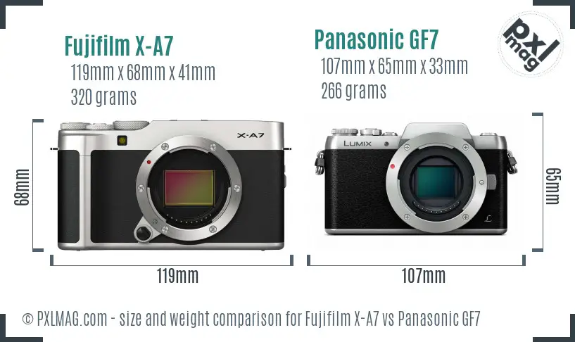 Fujifilm X-A7 vs Panasonic GF7 size comparison