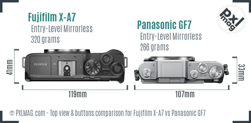 Fujifilm X-A7 vs Panasonic GF7 top view buttons comparison